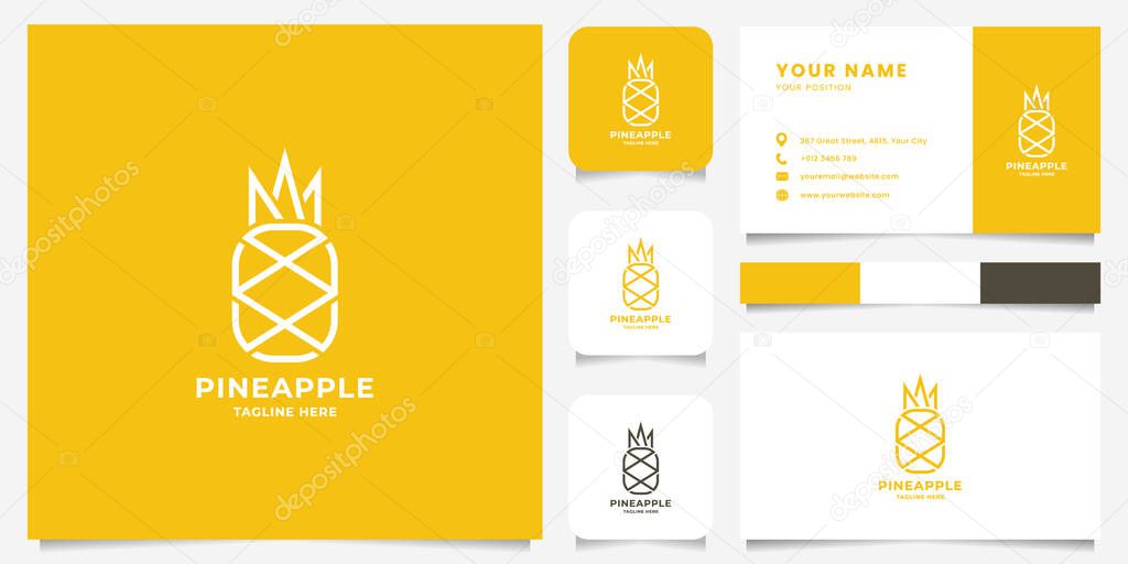 Simple and minimalist pineapple flat design logo with business card, icon, and color palette