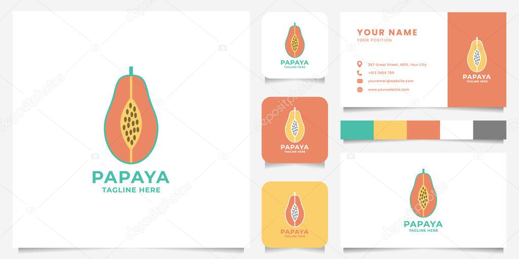 Colorful papaya flat design logo with business card, icon, and color palette