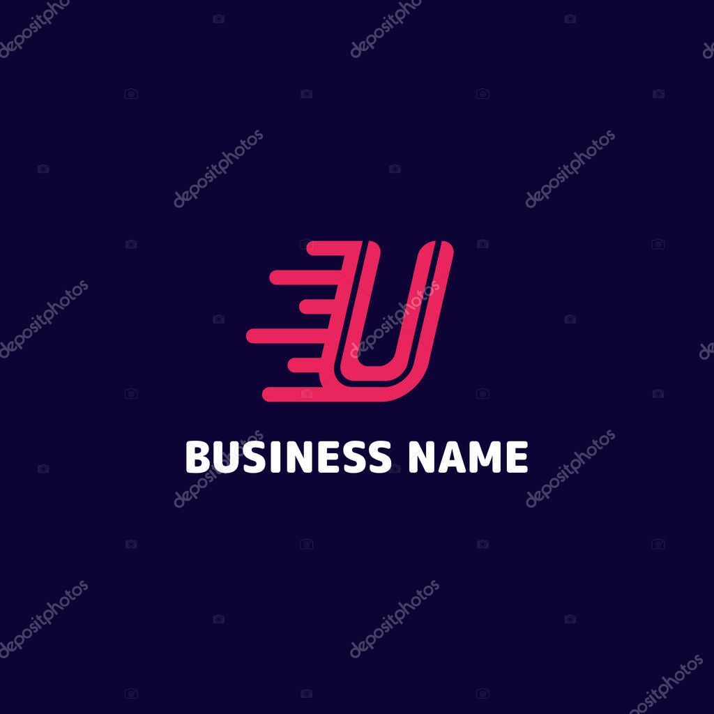 Simple and minimalist bright pink letter U speed monogram initial logo in dark blue background