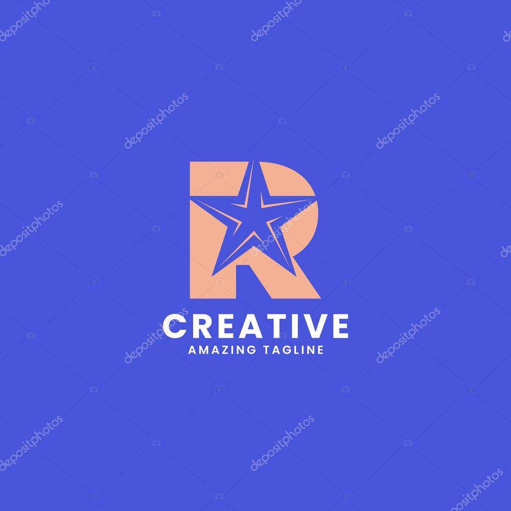 Orange negative space star on letter R logo ini blue background