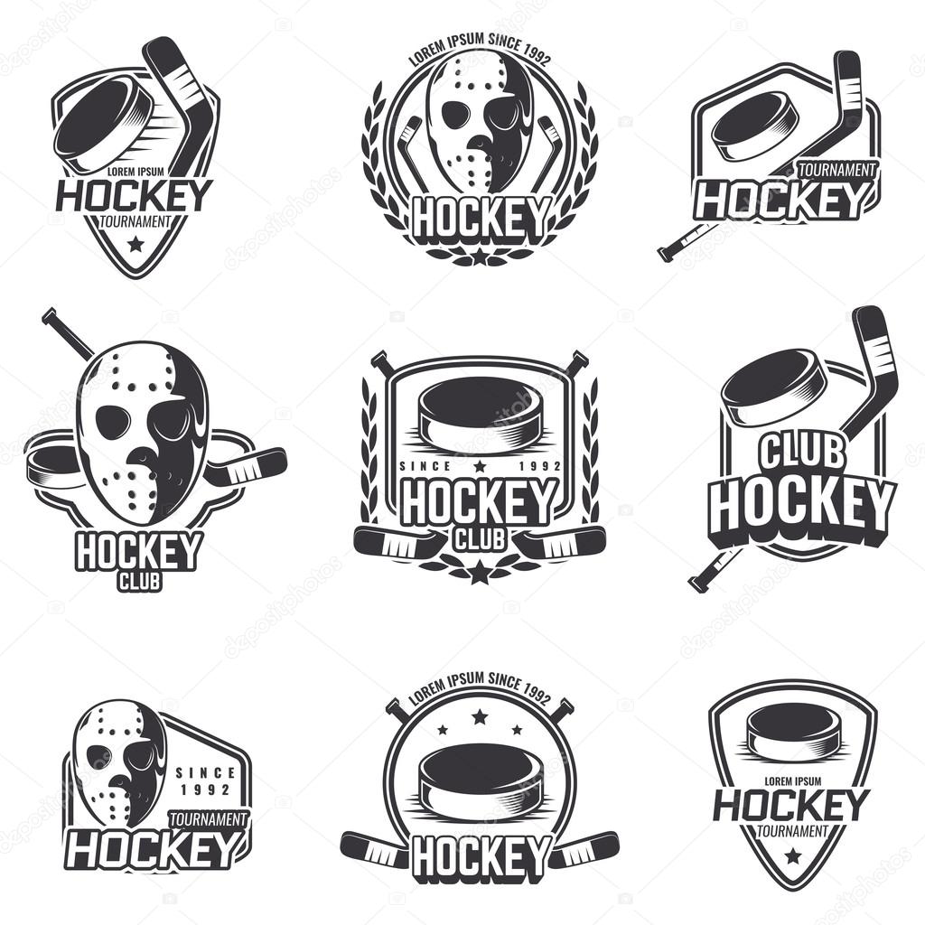 The logos on the theme of sport. Posters, stickers, emblems, logos for hockey. Different frames, objects sports design. Vector set of hockey emblems.