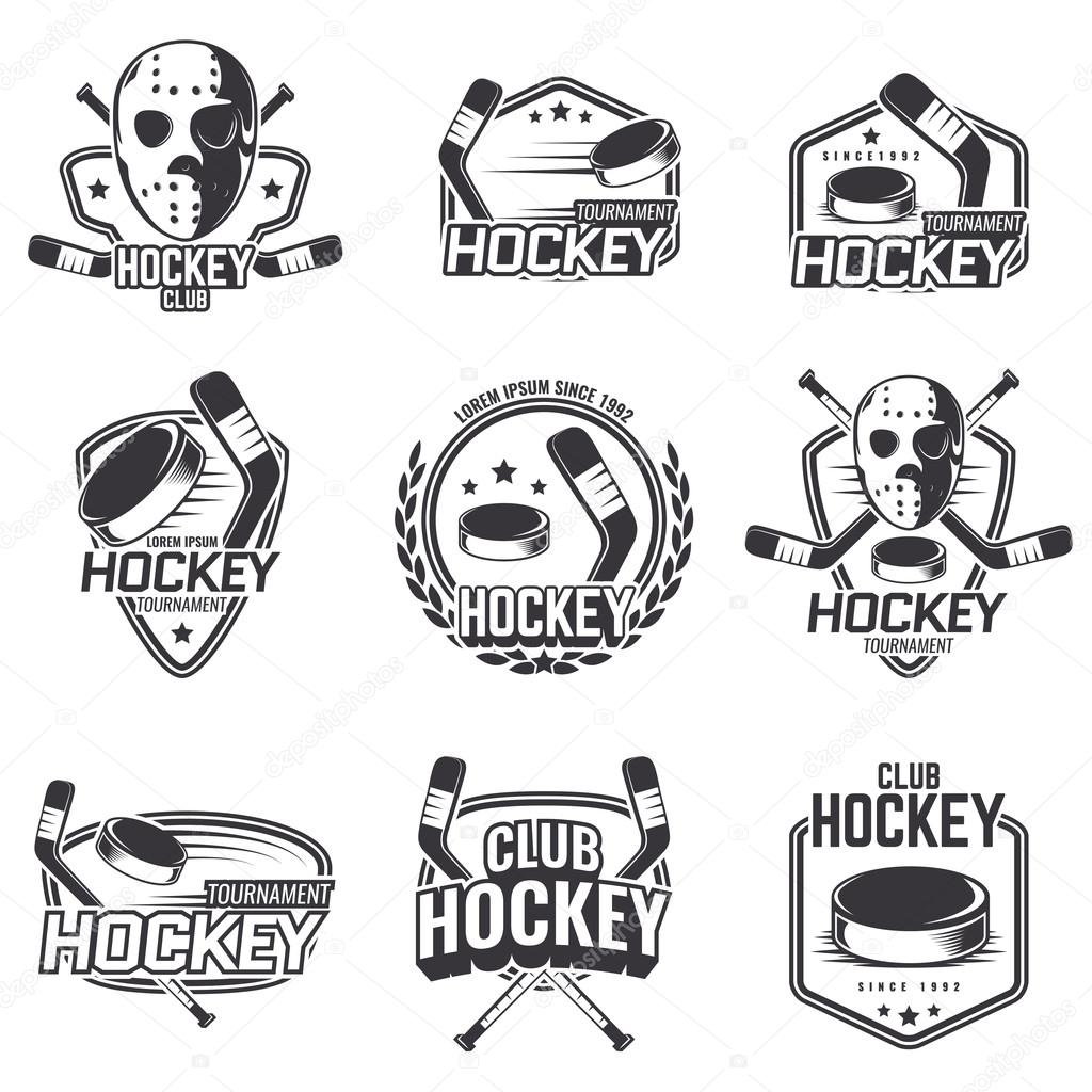 The logos on the theme of sport. Posters, stickers, emblems, logos for hockey. Different frames, objects sports design. Vector set of hockey emblems.