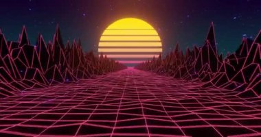 Neon dağlarının arka planında retrodalga günbatımı.