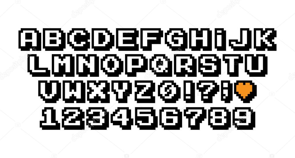 Set of vector letters in retro style. Game design. Font of old games. 8 bit letters and numbers vector alphabet.