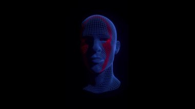 Neon siber tasarımı ile dijital yüz taraması. Tel çerçeve başı, biyometrik kimlik, fütüristik teknoloji, mavi ışık, kadın yapay zeka bağlantısı, güvenlik ve akıllı tanıma.