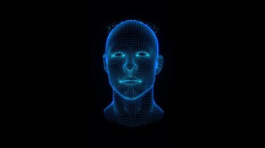 Neon siber tasarımı ile dijital yüz taraması. Tel çerçeve başı, biyometrik kimlik, fütüristik teknoloji, mavi ışık, kadın yapay zeka bağlantısı, güvenlik ve akıllı tanıma.