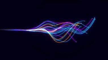 Fütürist teknoloji arka planı, dalgalı bir dalga şeklinde ileriye doğru uçan düz teknik hatlara sahip, dijital bağlantıyı ve veri akışını sembolize ediyor. Yenilik için modern yüksek teknoloji sahnesi,