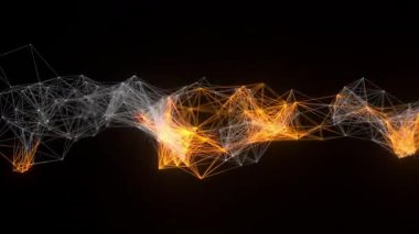 Parlak çizgileri ve karanlık uzayda dijital bağlantılar oluşturan parçacıkları olan soyut fütüristik pleksus arka planı. Teknoloji, bilim ve veri akışı kavramı. Döngü canlandırması.