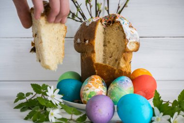 Easter cake set with colored eggs.