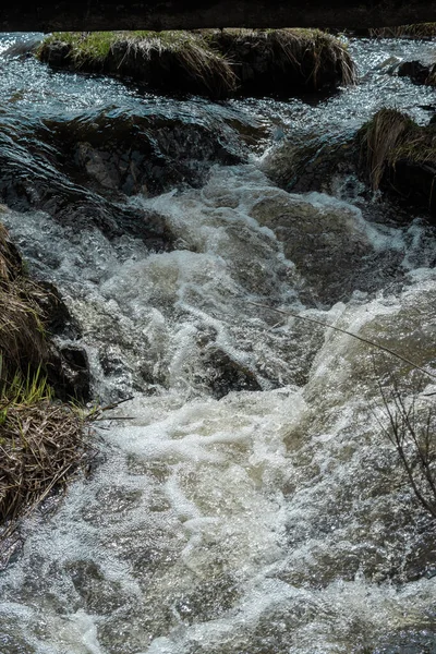 Nature. Waterfall in the spring in the forest after the snow melts.