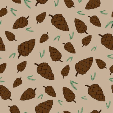 Kusursuz çam kozalakları ve çam yaprakları deseni. Vektör illüstrasyon Arkaplanı