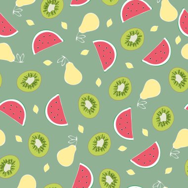 Limonlu Citrus Kivi Vektör Eğlence Kalıbı. Yeşil Arkaplanda Meyveler