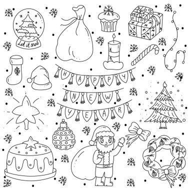 Sevimli karalama ikonu ve çıkartmalar. Noel, yeni yıl tasarımları. Yıldız, sim, Noel Baba, Noel ağacı, pasta, Noel çelengi..