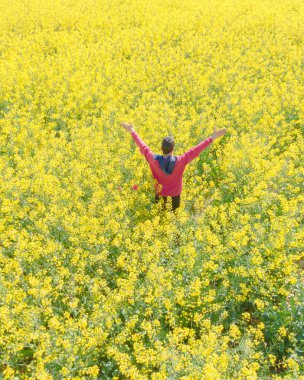 Hava görüntüsü, sarı kolza tohumu çiçekli bir kolza tarlasının insansız hava aracı ile çekildi ve ortasında kırmızı forma giyen bir çocuk kollarını çarmıha gerdi. Görüntü yukarıdan alındı. Dikey resim, portre