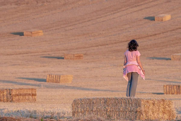 Latina Woman Pink Shirt Black Hair Contemplating Harvested Field Straw — Stock Photo, Image