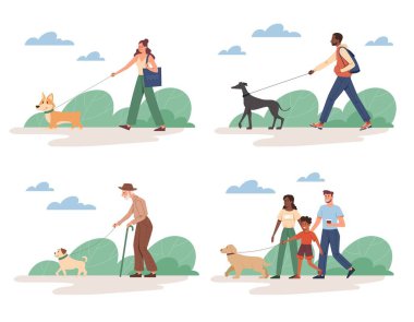 Parkta köpeklerle dolaşan çok ırklı insanlar.