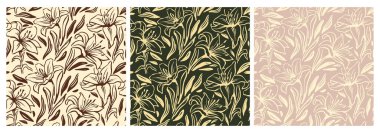 Set of seamless floral patterns. Repeating botanical ornament with blooming flowers, leaves and plants. Design elements for printing. Hand drawn vector illustration collection isolated on background