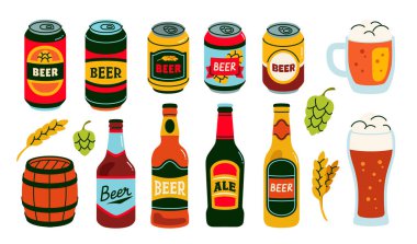 Set of beer stickers. Alcoholic drinks in cans, bottles, glass mugs and wooden barrels. Design elements for Oktoberfest celebrations. Flat vector illustration collection isolated on background