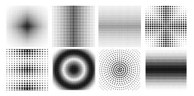 Yarım tonlu noktalar kümesi gradyan desen. Dairesel ve çizgili klasik tarzda kusursuz geometrik süs. Baskı için tasarım elemanları. Düz vektör illüstrasyon koleksiyonu arkaplanda izole