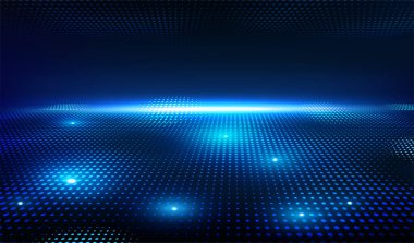 Abstract digital technology background. Banner with blue cyber light dots. Big Data, Information Technology, Cyberspace, Metaverse, and Artificial Intelligence. Neon vector illustration