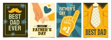 Babalar Günün kutlu olsun. Babamın el ele tutuştuğu çocuk eli posterleri. Kutlama ya da davet tasarım unsurları. Düz vektör illüstrasyon koleksiyonu arkaplanda izole