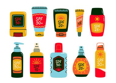 Güneş kremi seti. Güneş ultraviyole ışınlarından korunmak için krem, sprey ve yağ içeren renkli çıkartmalar. Düz vektör illüstrasyon koleksiyonu arkaplanda izole