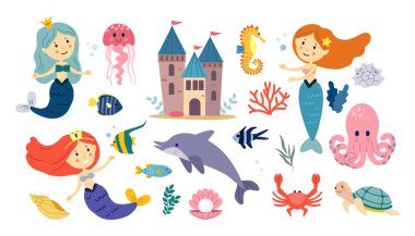 Bir çift şirin denizkızı. Çekici sualtı prenseslerinin, kalenin, yunusun, balığın ve ahtapotun olduğu çıkartmalar. Çocuklar için deniz masalı karakterleri. Düz vektör illüstrasyon koleksiyonu arkaplanda izole