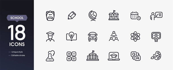 School line icon set. Simple symbols with pencil, backpack, school bus, teacher, and diploma. Editable stroke. Design elements for app. Outline vector illustration collection isolated on background