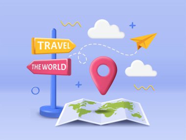 Bulutlu ve soyut şekilli yumuşak mavi bir zemin üzerinde konum broşürü, harita, kağıt uçak ve tabela ile renkli seyahat kavramı. Vektör illüstrasyonu