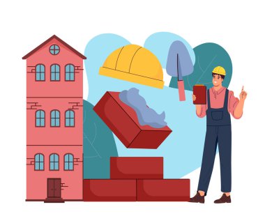 Builder with helmet holding clipboard near bricks, cement, and tools, in flat cartoon style on white background. Concept of construction planning. Vector illustration
