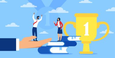 Two business people standing on books and a hand, large trophy in background, flat style, blue sky with clouds. Concept of support, success, leadership. Vector illustration