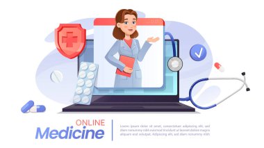 Female doctor on a laptop screen with pills, stethoscope, shield, and medical icons on abstract background. Concept of telemedicine and healthcare. Vector illustration