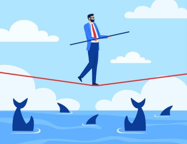 Businessman in suit balancing on a tightrope over ocean with sharks, flat graphic style, bright sky background. Concept of risk management and challenge. Vector illustration