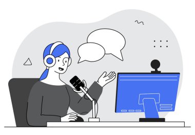 Female character wearing headphones and talking into a microphone in front of a computer screen, minimal flat style on light background. Concept of podcasting. Vector illustration
