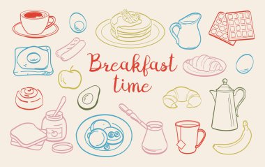 Kahvaltı Zamanı Doodle Set. Elle çizilmiş kahve, krep, omlet, kruvasan ve waffle çizimleri. Tebeşir şeklinde yemek ve kahve ikonları. Taslak vektör illüstrasyon koleksiyonu arkaplanda izole edildi