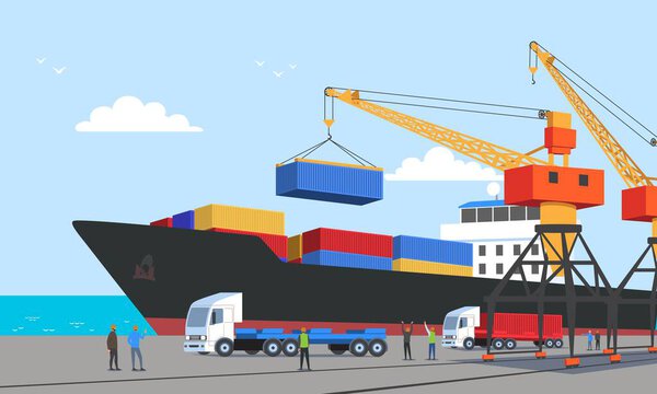 Loading cargo onto ship at port. Cranes, trucks and forklifts carry out loading and unloading operations of containers on sea vessel. Shipping, distribution and delivery. Flat vector illustration