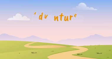 Macera konsepti. Yeşil tepeler, çayırlar ve ağaçlı ormanlar boyunca uzanan uzun yolu olan hareketli afişler. Aktif yaşam tarzı, doğa yürüyüşü ve yürüyüş. Düz grafik çizgi film