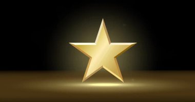 Parlayan Altın Yıldız. Parlayan parçacıkları ve lüks yıldız yüzeyi olan hareketli Karanlık Sancak. Tatiller ve özel teklifler için özel tasarım. Ödül, ödül ve başarı. Gerçekçi 3D canlandırmalı grafikler
