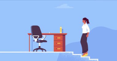 İş teklifi konsepti. Yeni iş istasyonuna bilgisayarla tırmanan bir kadının afişi. Yetenekli bir çalışan tutmak. Kelle avcılığı ve adam toplama. Kariyer fırsatı. Düz grafik çizgi film