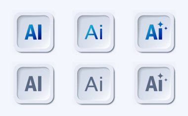 AI 3d düğmeleri ayarlandı. Yapay zeka ve işleme otomasyonu, sinirsel ağ. Modern teknolojiler ve yenilikler. Beyaz arkaplanda izole edilmiş ses düzeyi vektör koleksiyonu