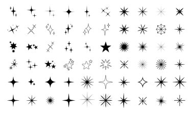Siyah parıltı simgeleri ayarlandı. Geometrik vintage figürler. Havai fişek, yıldız patlaması ve güneş ışığı. İşaret fişeği, alev ve ışık. Taslak vektör koleksiyonu beyaz arkaplanda izole edildi