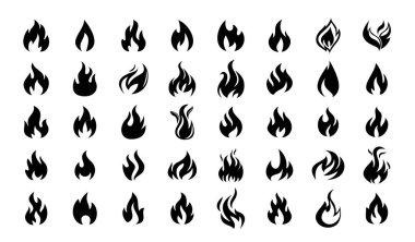 Siyah simgeleri ateşleyin. Havai fişekler, şenlik ateşi, alevler. Parlayan parıltılar ve ateşleme. Web sitesi için grafiksel öğeler. Taslak vektör koleksiyonu beyaz arkaplanda izole edildi