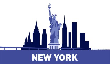 New York şehrinin silueti. Şehrin ufuk çizgisi yakınındaki Özgürlük Anıtı. Amerikan başkenti manzarası. Gökdelenler şehrin simgesine yakın. Seyahat ve turizm, gezi. Düz vektör illüstrasyonu