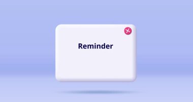 3 boyutlu hatırlatma konsepti. Uyarı, çan ve düğmelerle birlikte hareket eden pankart. Mobil uygulamalar ve programlar için arayüz. UI ve UX tasarımı. Plastikçe çizgi film animasyon grafikleri