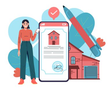 Daire alan kadın. İş kadını gayrimenkul alıyor. Özel mülk alım satımları ve anlaşmaları. Yatırım ve ticaret. Evi satın alan kişi. Düz vektör illüstrasyonu