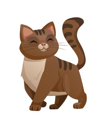 Sevimli kedi çıkartması. Kahverengi gururlu kedi yavrusu. Dost canlısı bir evcil hayvan. Pençeleri ve kuyruğu olan tüylü ve tüylü bir karakter. Şablon ve düzen. Düz vektör illüstrasyonu