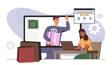 Ev teslimi konsepti. Kadın internetten mal alıyor. Elektronik ticaret ve pazarlama. İnternetten alışveriş ve nakitsiz para transferleri. Müşteri ile kurye. Düz vektör illüstrasyonu