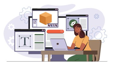 Grafik tasarımcısı konsepti. Bilgisayarlı bir kadın web sitesi için elementler geliştiriyor. Yaratıcı serbest çalışan ya da uzaktan çalışan. Illustrator uygulama için arayüz geliştiriyor. Düz vektör illüstrasyonu