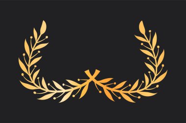 Altın defne çelengi. Lüks rütbe ve rozet. Ödül ve ödül. Süs ve dekorasyon. Web sitesi için grafik ögesi. Düz vektör çizimi siyah arkaplanda izole edildi