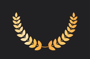 Altın defne çelengi. Lüks rütbe ve rozet. Ödül ve ödül. İki parlak dal, çiçek ve süs. Şablon ve düzen. Düz vektör çizimi siyah arkaplanda izole edildi